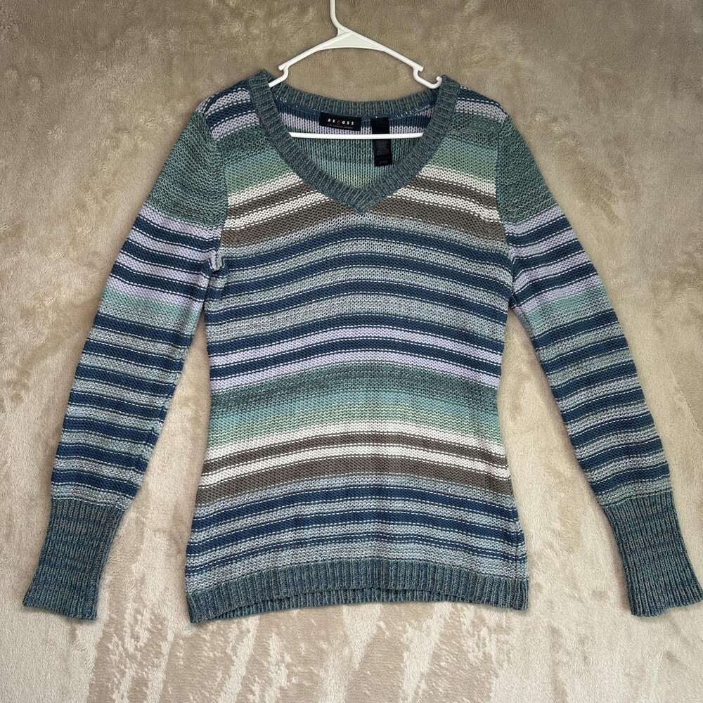 Axcess Liz Claiborne Sweater Womens Medium Blue Stripe Knit V Neck Pullover